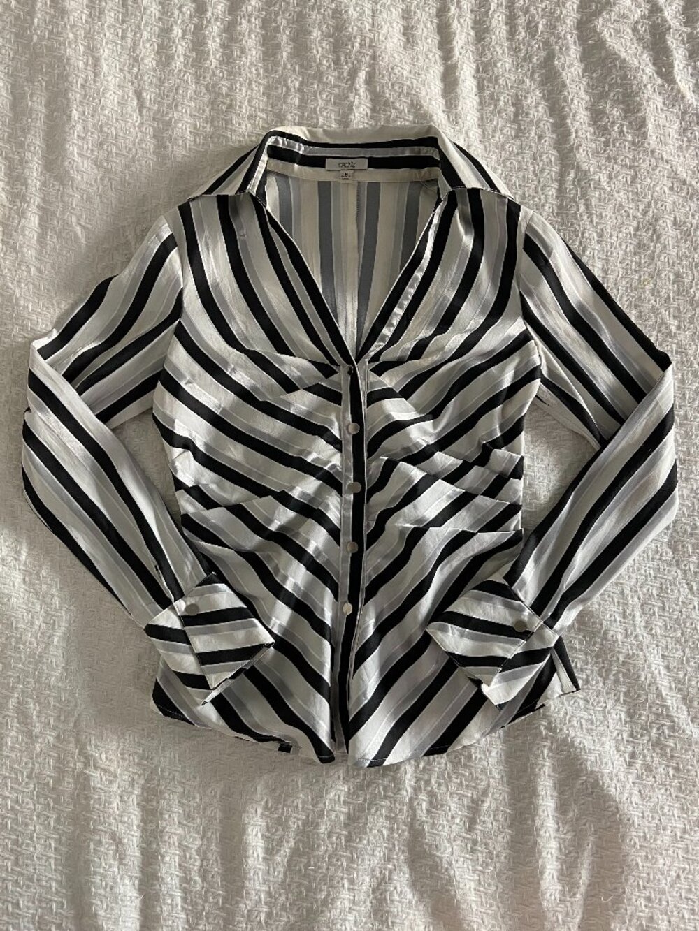 Caché Black, White, and Silver Striped Button Down Blouse